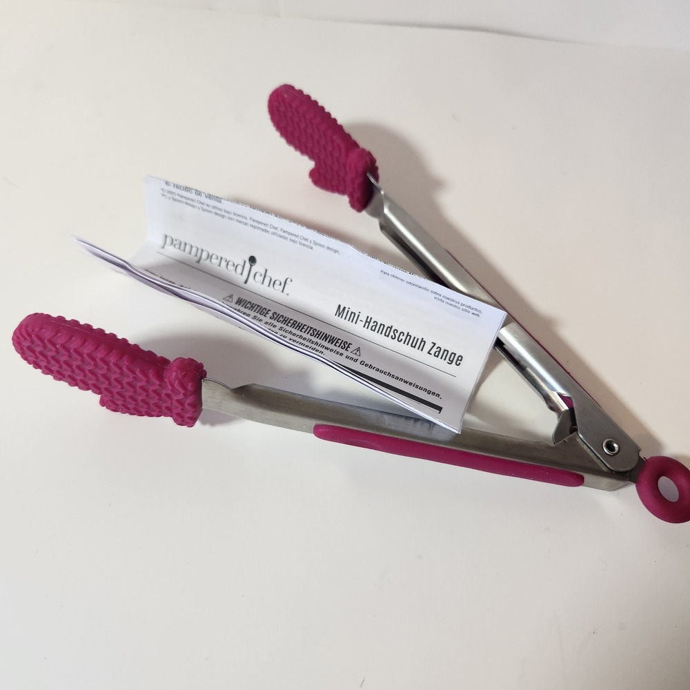 Pampered Chef Mini Mitten Tongs Stainless Steel Silicone Magenta Pink 8 Inch